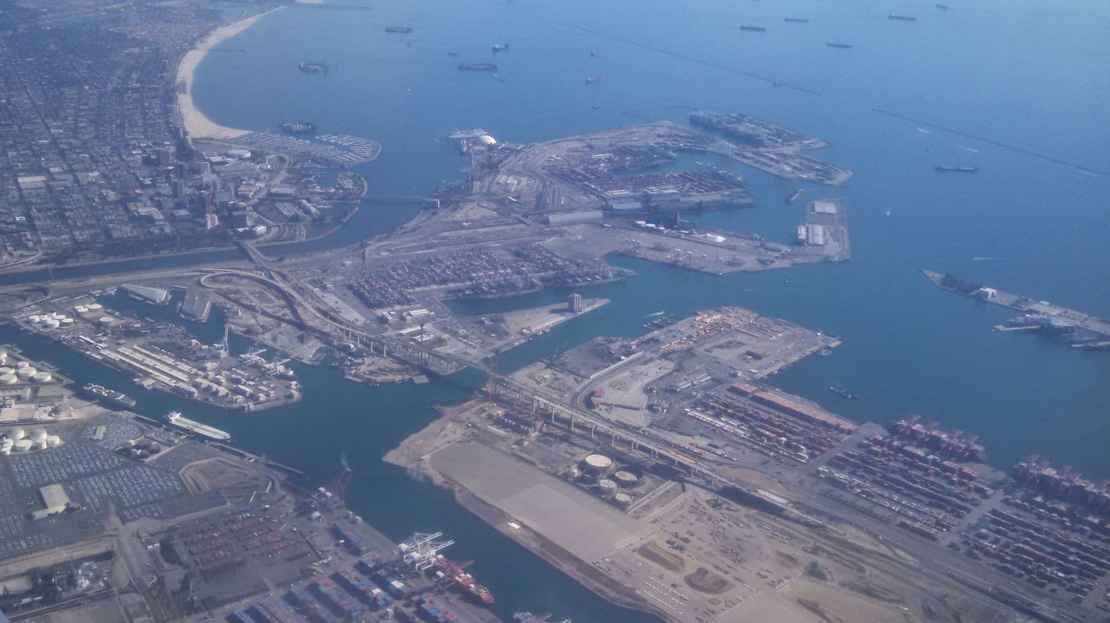 The Port of Long Beach from the air, container terminals and the bridge across to Terminal Island